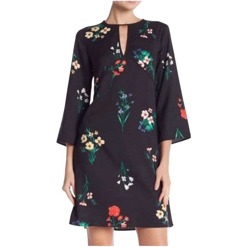 Vince Camuto Dress Keyhole Neck Empire Waist A Line Black Red Floral Women's 8